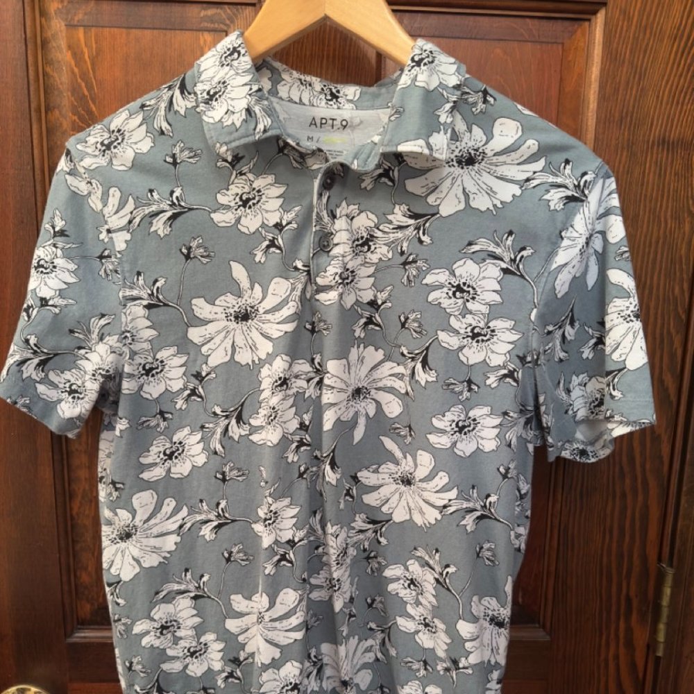 Apt. 9 Mens Floral Gray/Teal Polo Shirt